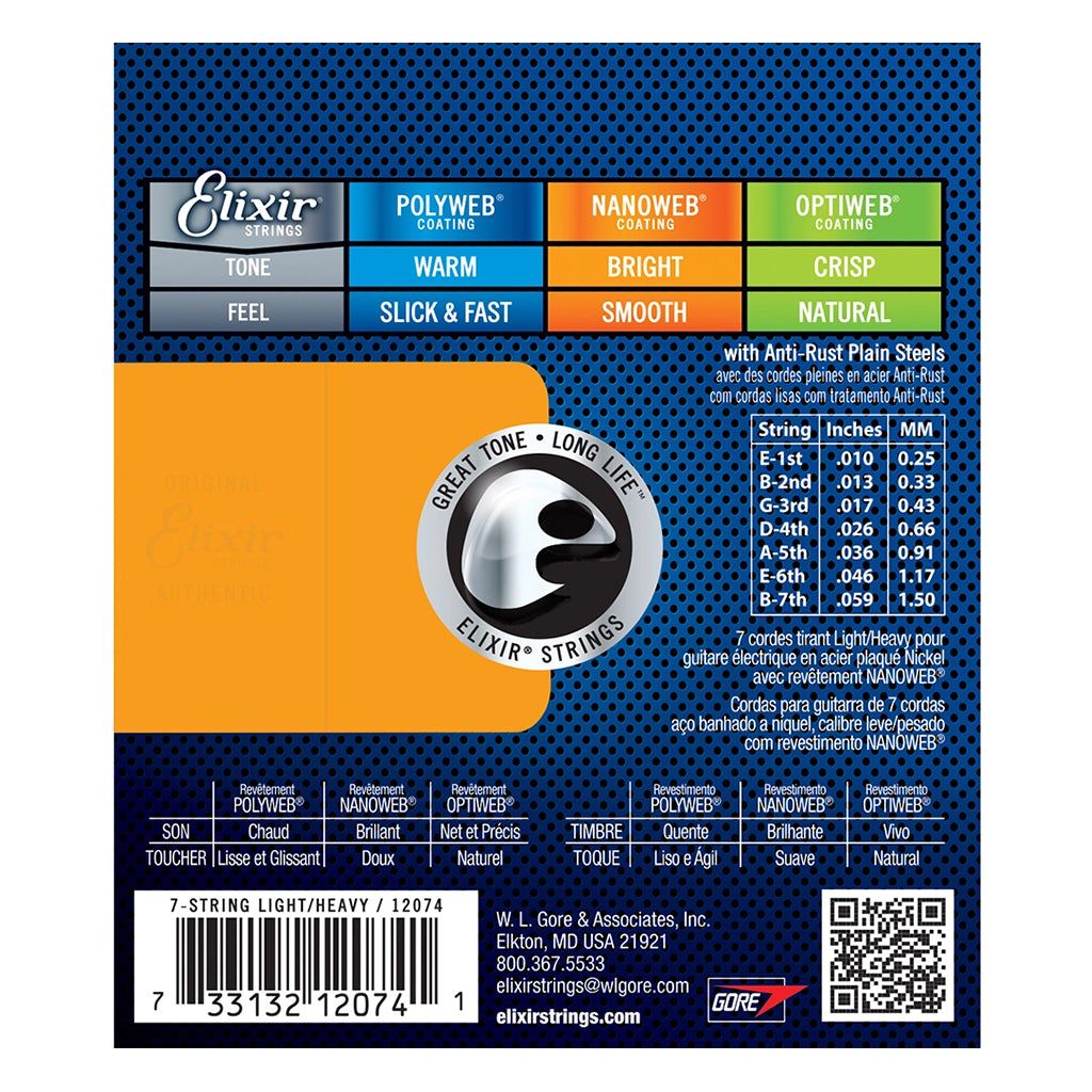 Elixir 12074 Nickel Plated Steel NANOWEB 7-String Light/Heavy Electric Strings .010-.059