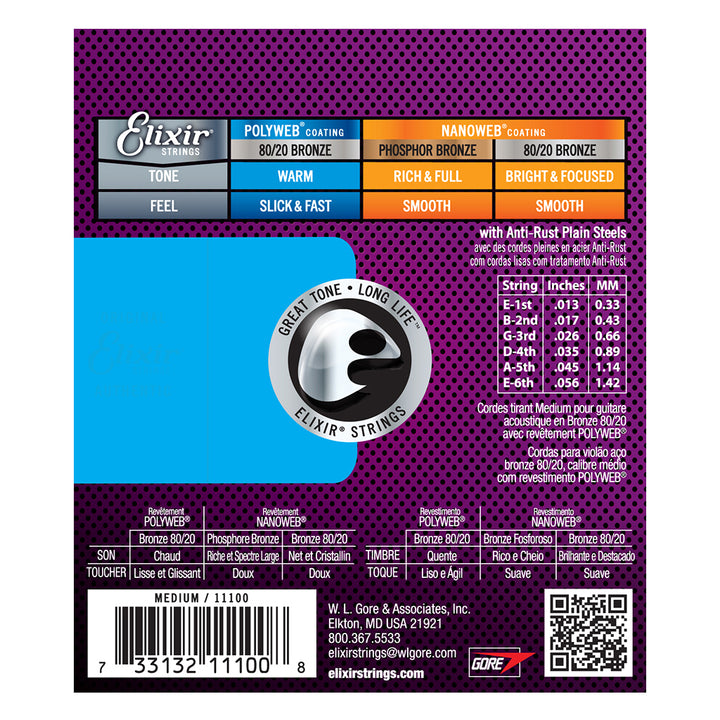 Elixir 11100 80/20 Bronze POLYWEB Medium Acoustic Strings - .013-.056