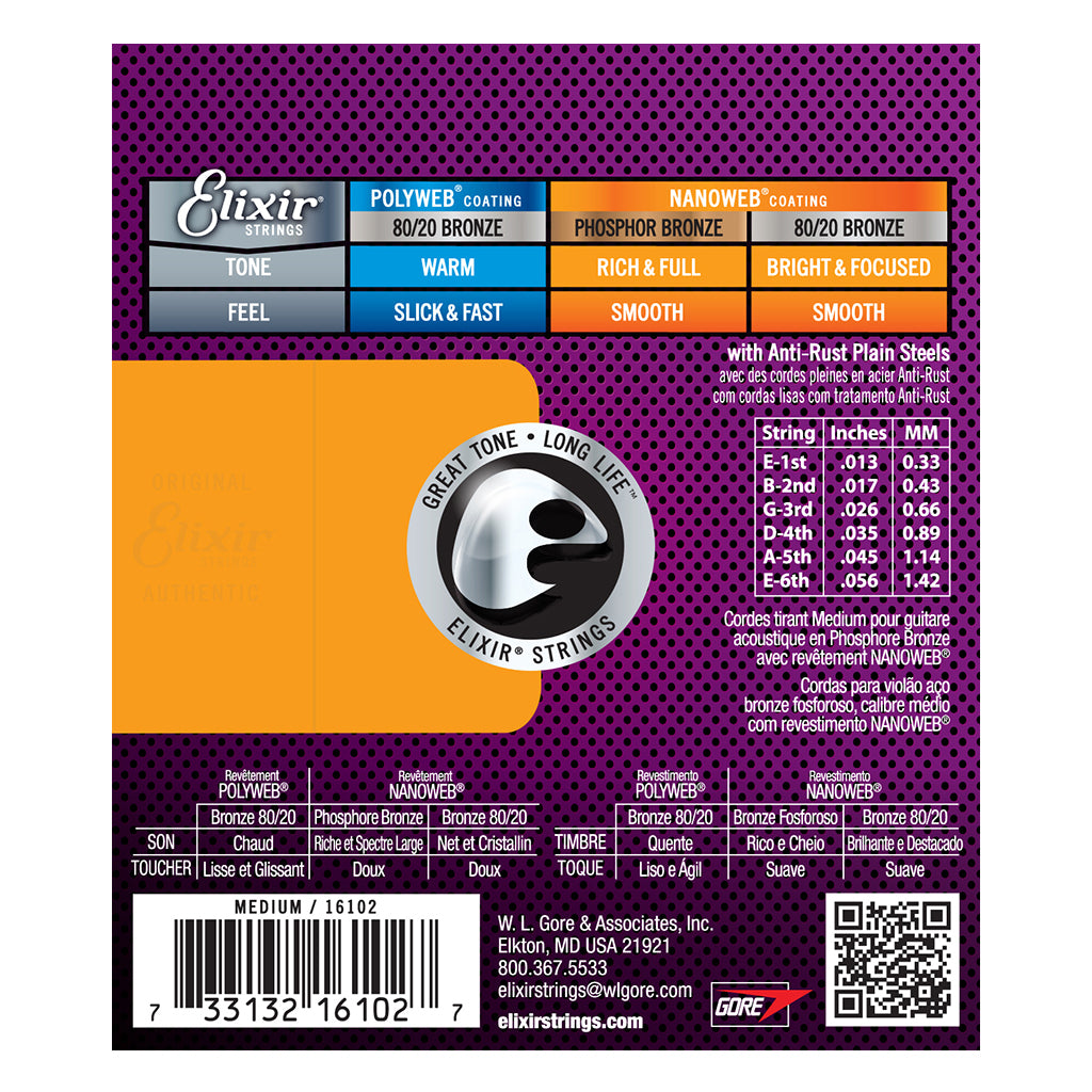 Elixir 16102 Phosphor Bronze NANOWEB Medium Acoustic Strings - .013-.056