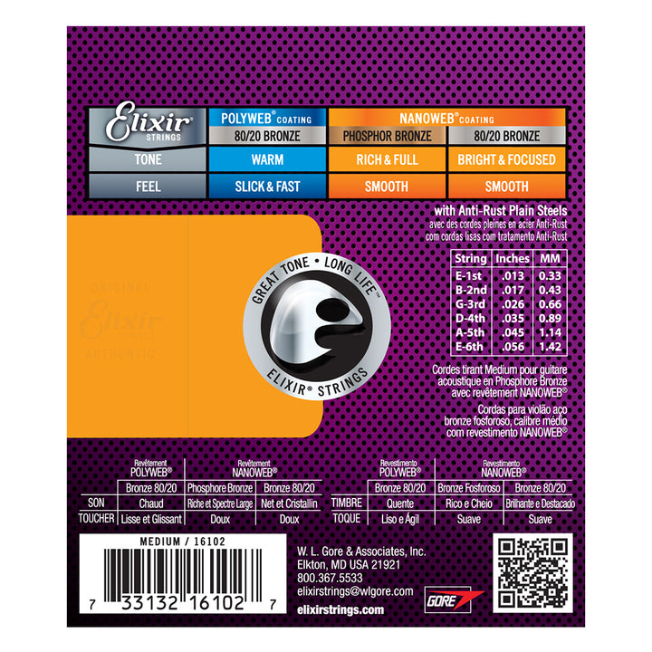 Elixir 16102 Phosphor Bronze NANOWEB Medium Acoustic Strings - .013-.056