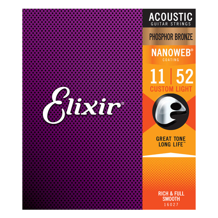 Elixir 16027 Phosphor Bronze NANOWEB Custom Light Acoustic Strings - .011-.052