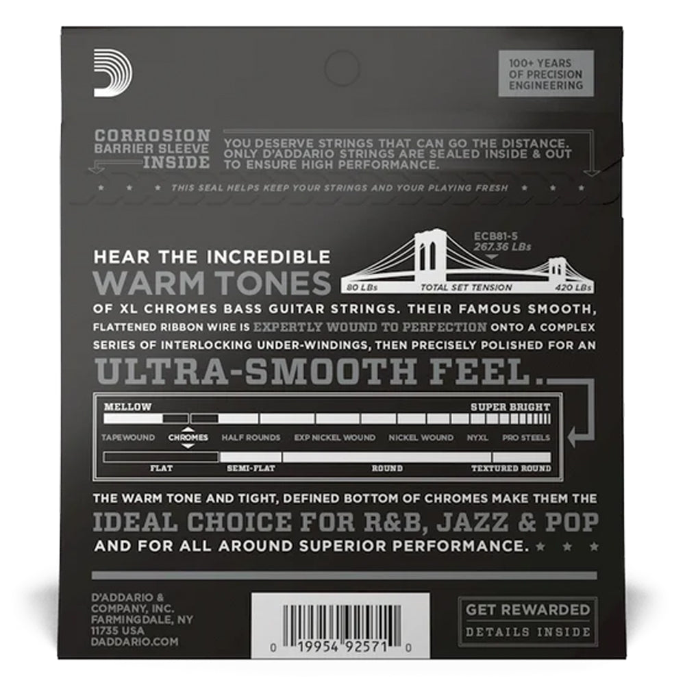 D'Addario ECB81-5 5-String Chromes Flat Wound Regular Light Bass Strings 45-132