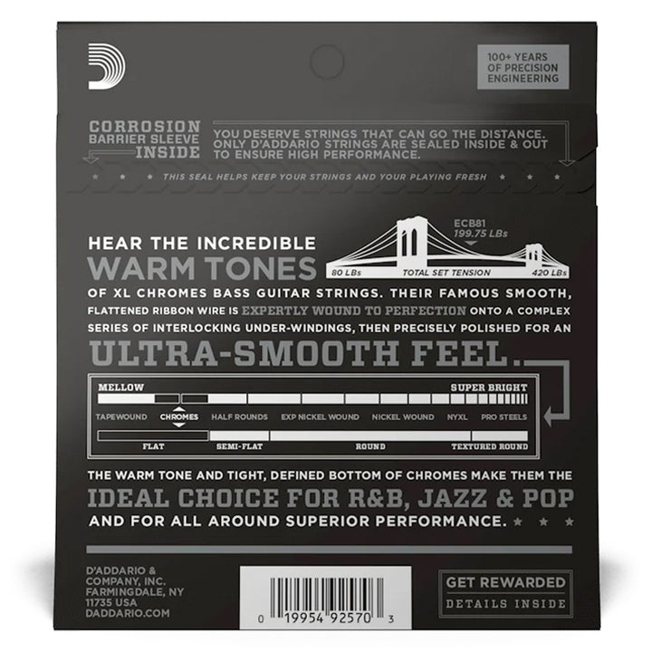 D'Addario ECB81 Chromes Flat Wound Regular Light Bass Strings 45-100
