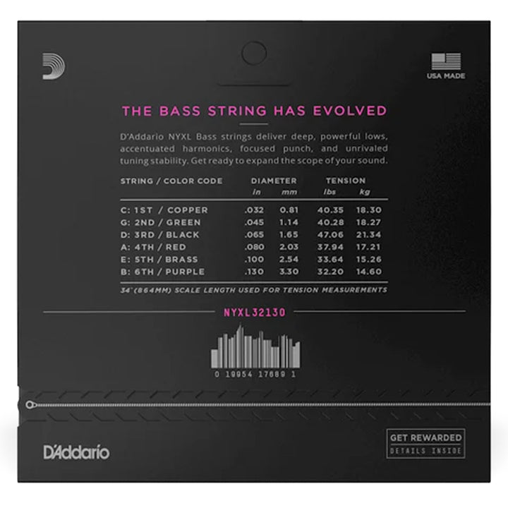 D’Addario NYXL32130 6-String Nickel Wound Regular Light Bass Strings 32-130
