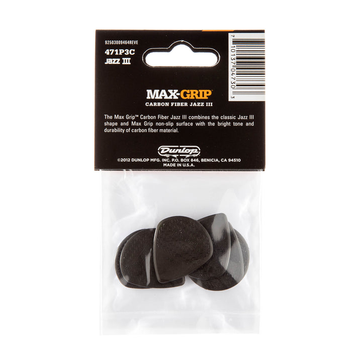 Dunlop 471P3C Max-Grip Jazz III Carbon Fiber Black Point Tip Picks - 6-Pack