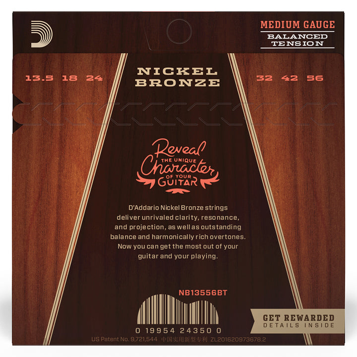 D'Addario NB13556BT Nickel Bronze Acoustic Guitar Strings - Balanced Tension Medium 13.5-56