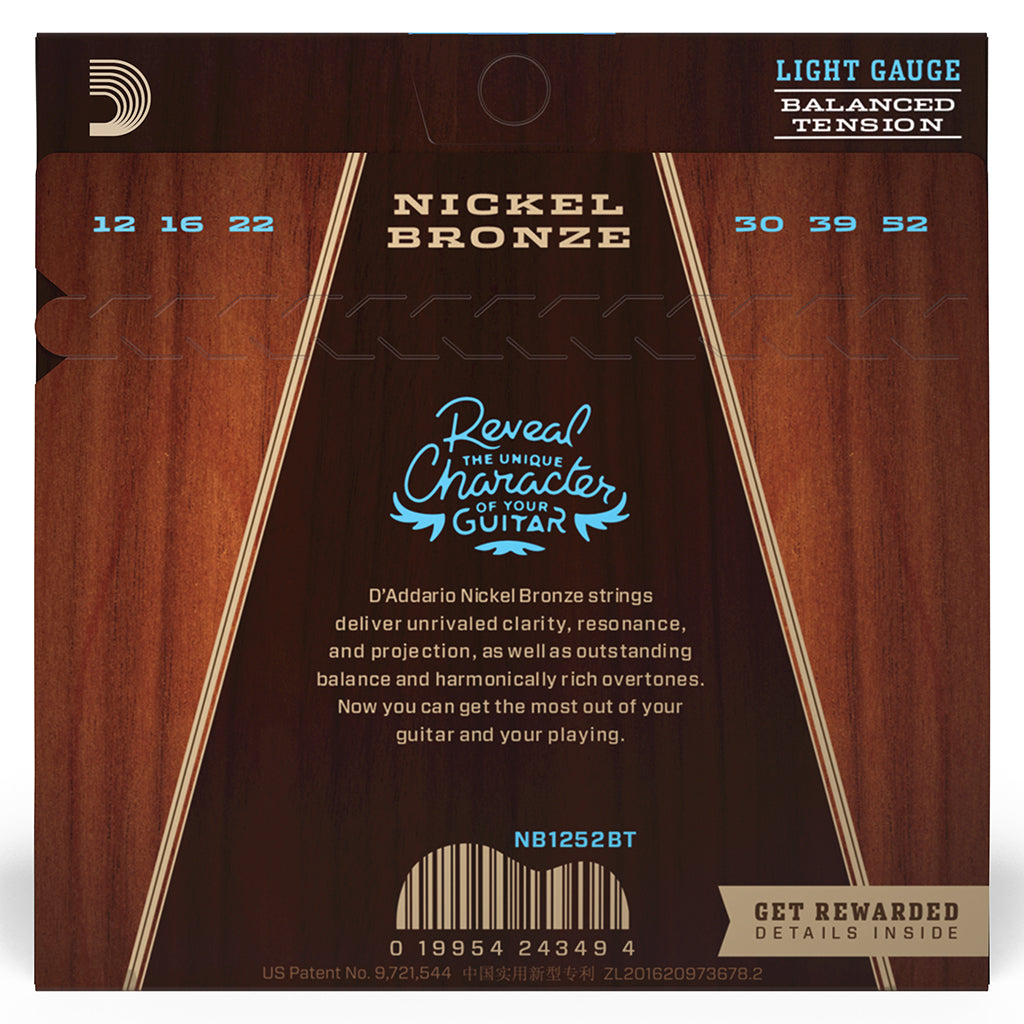 D'Addario NB1252BT Nickel Bronze Acoustic Guitar Strings - Balanced Tension Light 12-52