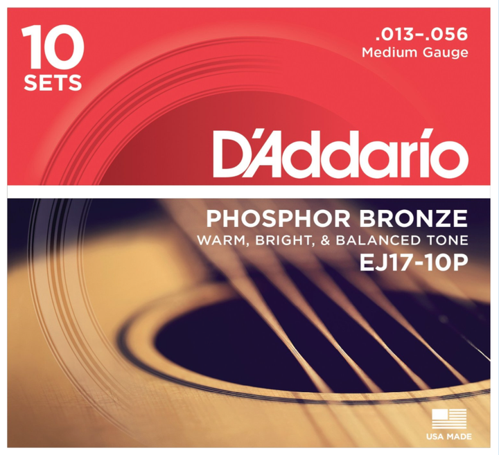 D'Addario EJ17-10P 10-Pack Phosphor Bronze Medium Acoustic Strings 13-56 - Available at Lark Guitars