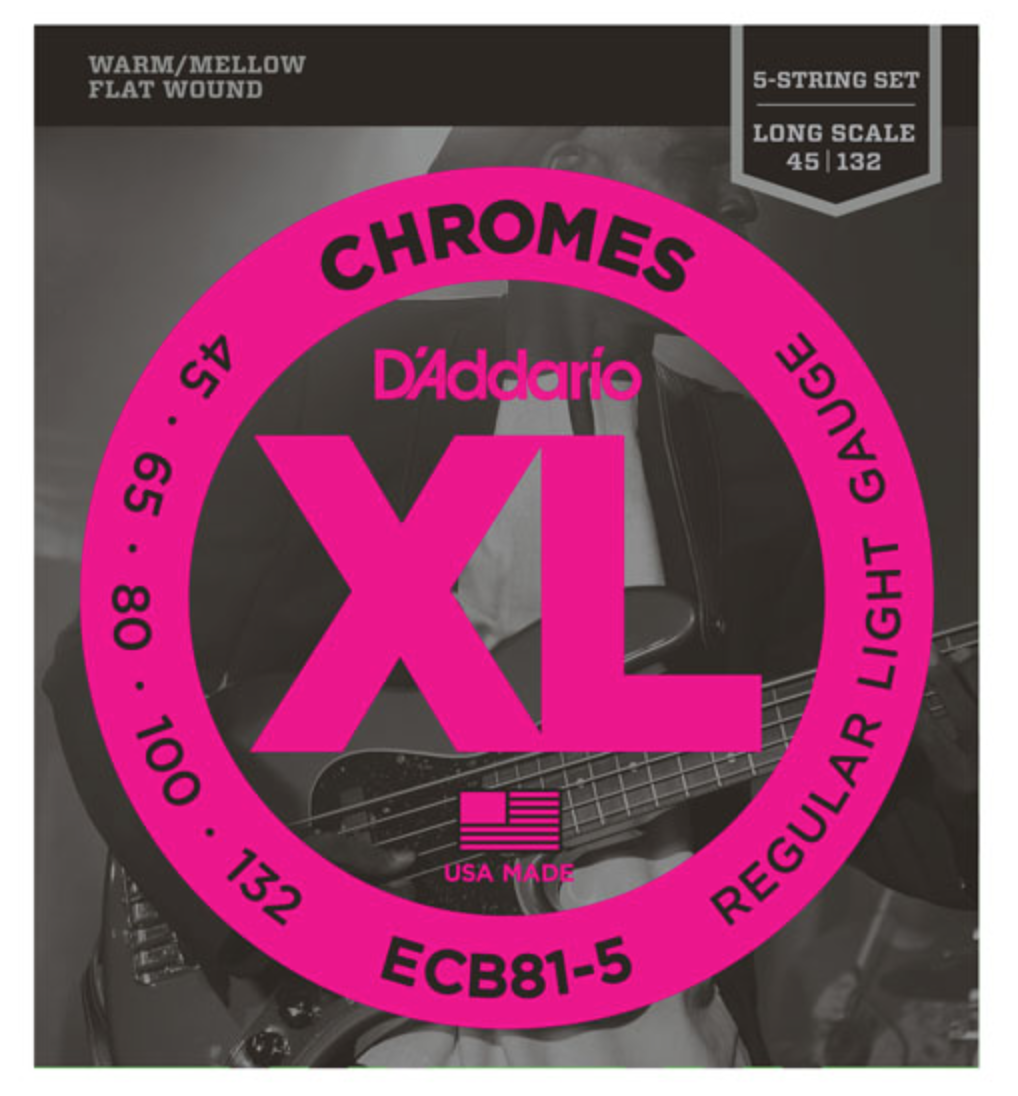 D'Addario ECB81-5 5-String Chromes Flat Wound Regular Light Bass Strings 45-132 - Available at Lark Guitars