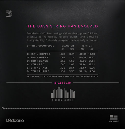 D’Addario NYXL32130 6-String Nickel Wound Regular Light Bass Strings 32-130 - Available at Lark Guitars
