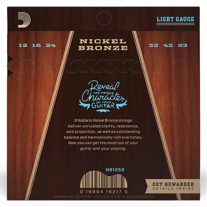 D'Addario NB1253 Nickel Bronze Acoustic Guitar Strings - Regular Light 12-53