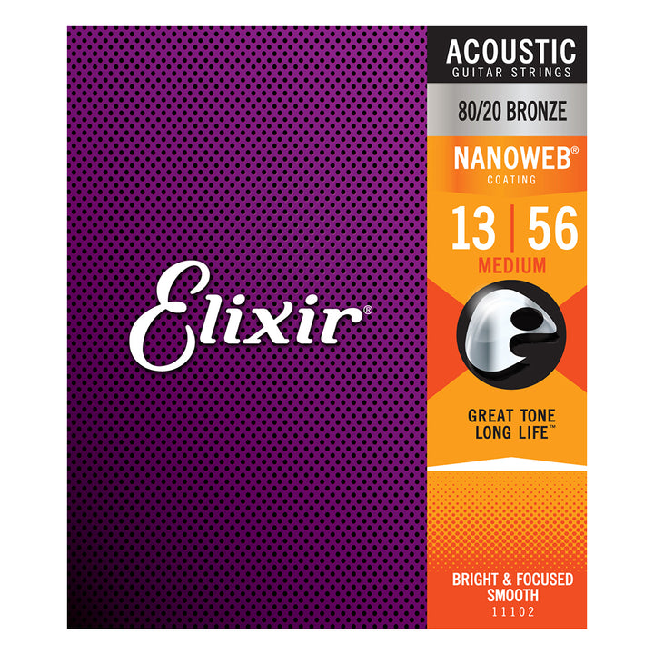 Elixir 11102 80/20 Bronze NANOWEB Medium Acoustic Strings - .013-.056