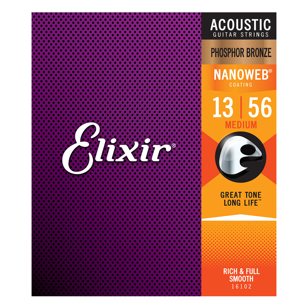 Elixir 16102 Phosphor Bronze NANOWEB Medium Acoustic Strings - .013-.056